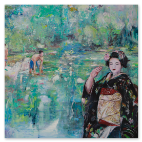 blau, türkis grüne impressionistische Landschaft. dafor Geisha un schwarz Rot gelb und weissem Kimono. links zwei junge Männer mit nacktem Oberkörper, badend.