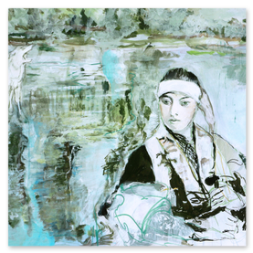 seelandschaft, impressionistisch inblau, grün schwarz braun. Davor weibliche Figur in schwarz.grün blau. weibliche Samurai. Links im Bild Wolf in weiss grau.