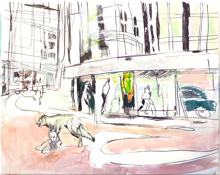Downtown  Tusche auf Mischgewebe 80 x 100 cm  2021